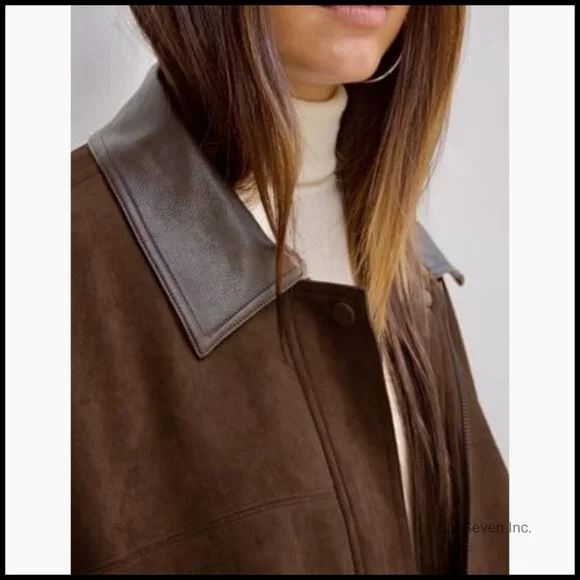 Faux Suede Bomber Jacket Oversized Cropped Zip Up Casual Outerwear - Picture 5 of 6